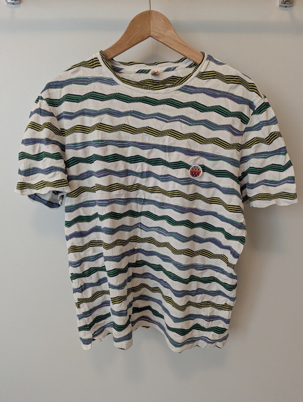 Missoni Men's Striped Crew Neck T-Shirt - White with Green & Blue Stripes